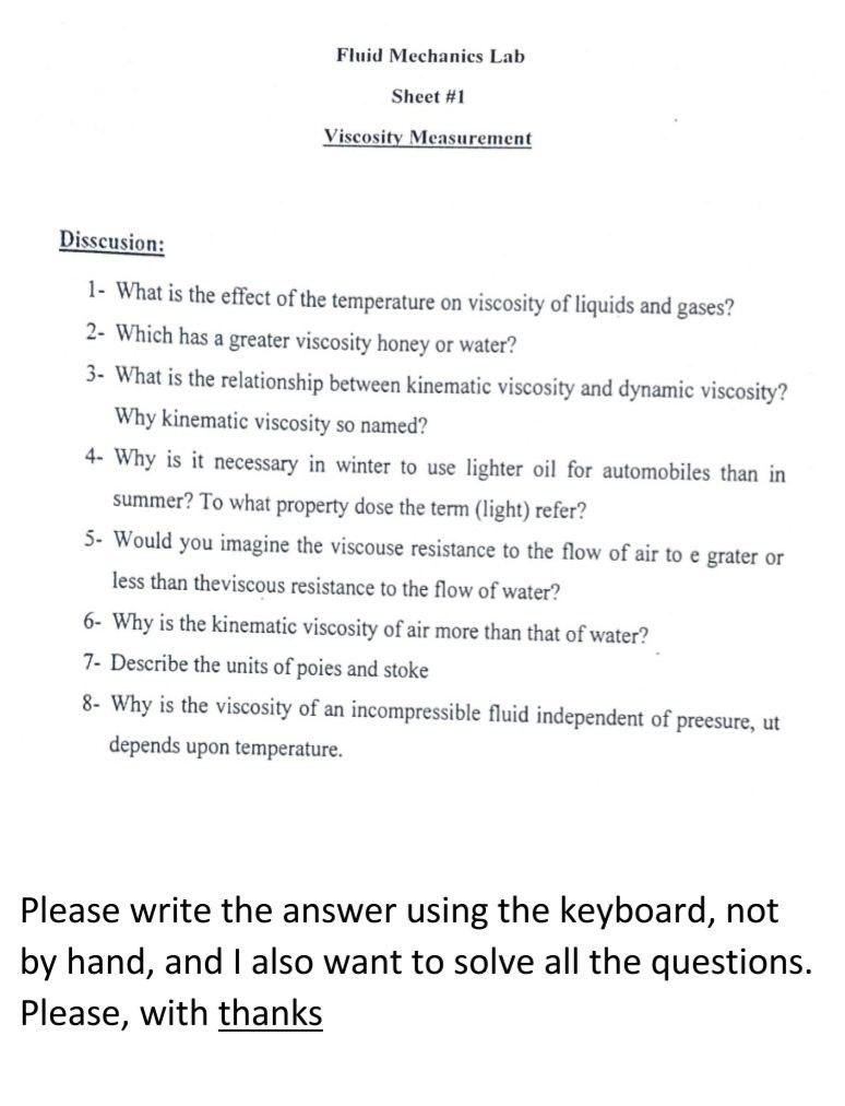 Solved Fluid Mechanics Lab Sheet 1 Viscosity Measurement