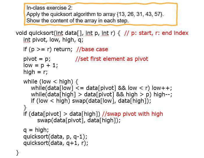 Solved In-class Exercise 2 : Apply The Quicksort Algorithm | Chegg.com