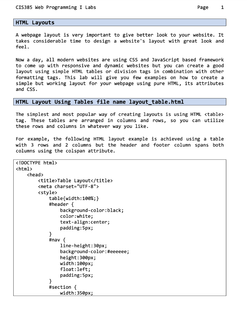 Solved CIS385 Web Programming I Labs Page 1 HTML Layouts A | Chegg.com