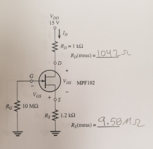Solved 15 V RD( meas) = VDs MPF102 RG 10 ΜΩ Rs 1.2 kΩ