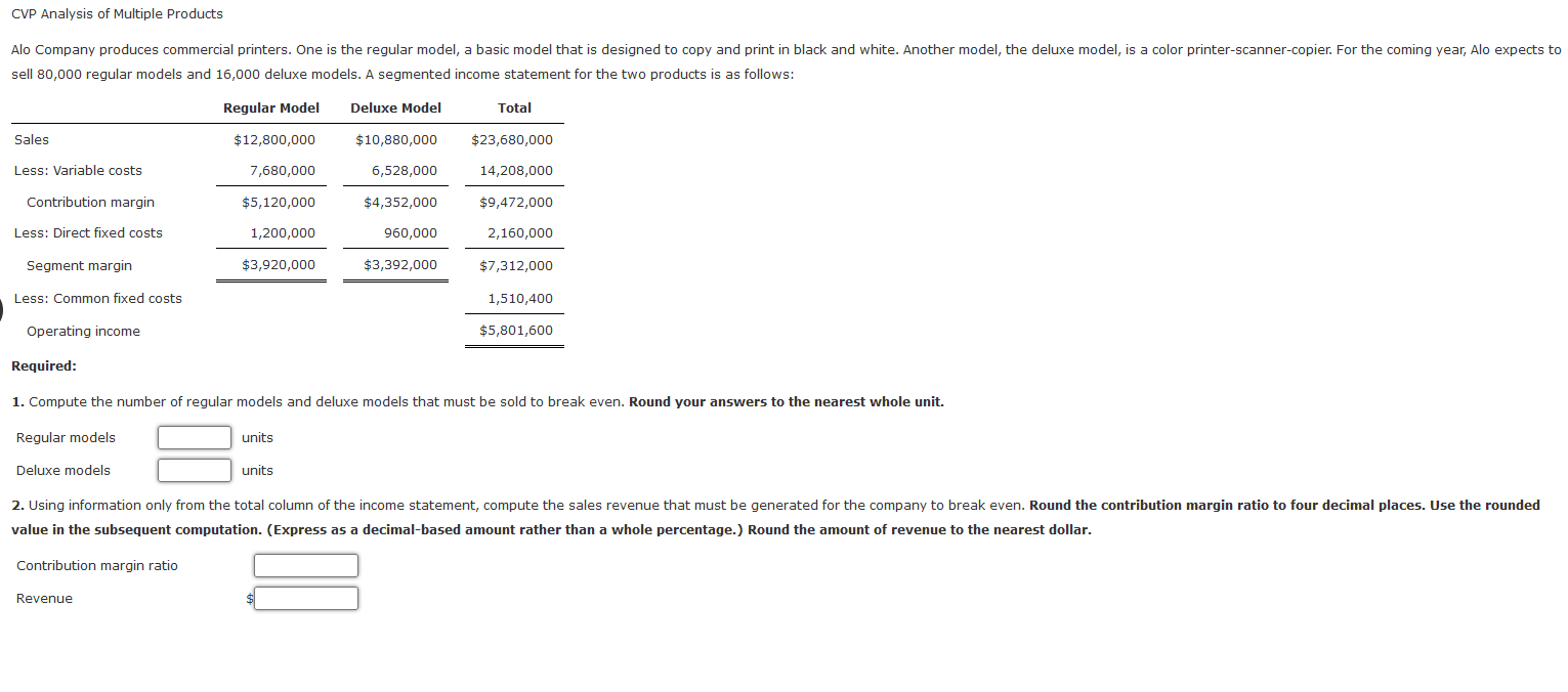 Solved CVP Analysis of Multiple Products sell 80,000 regular | Chegg.com