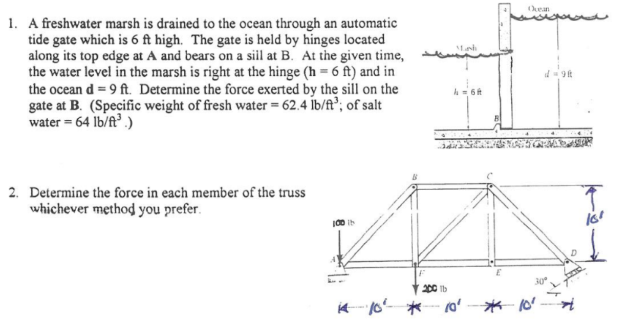 1. A freshwater marsh is drained to the ocean through an automatic
tide gate which is 6 ft high. The gate is held by hinges l