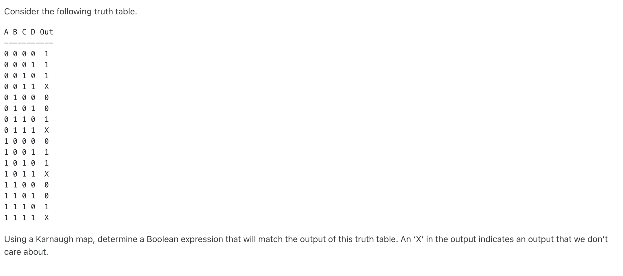 Solved Consider the following truth table. A B C D Out 1 1 1 | Chegg.com