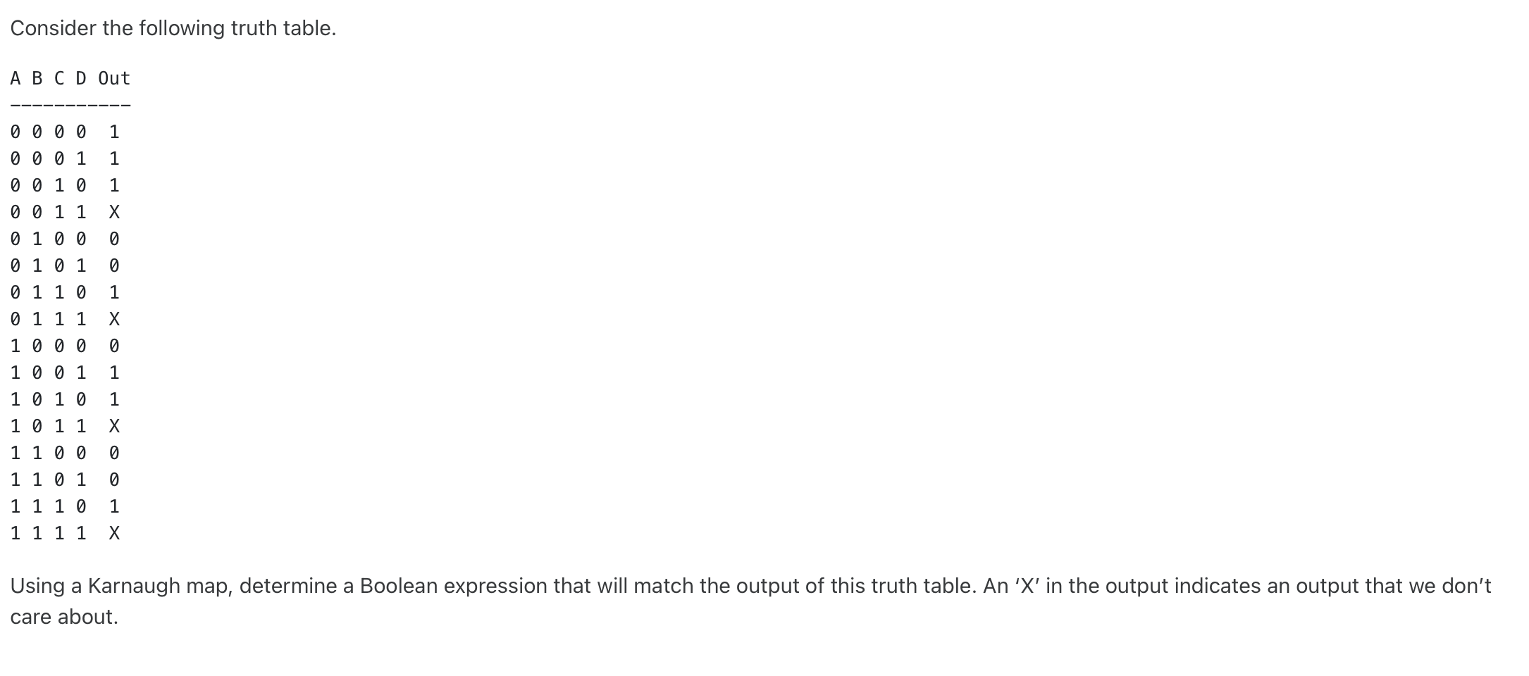 Solved Consider The Following Truth Table. A B C D Out 1 1 1 | Chegg.com