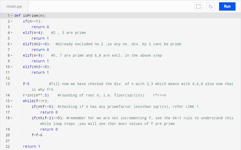 Solved 4 5 5 7 9 main.py Run 1 - def isPrime(n): 2- | Chegg.com