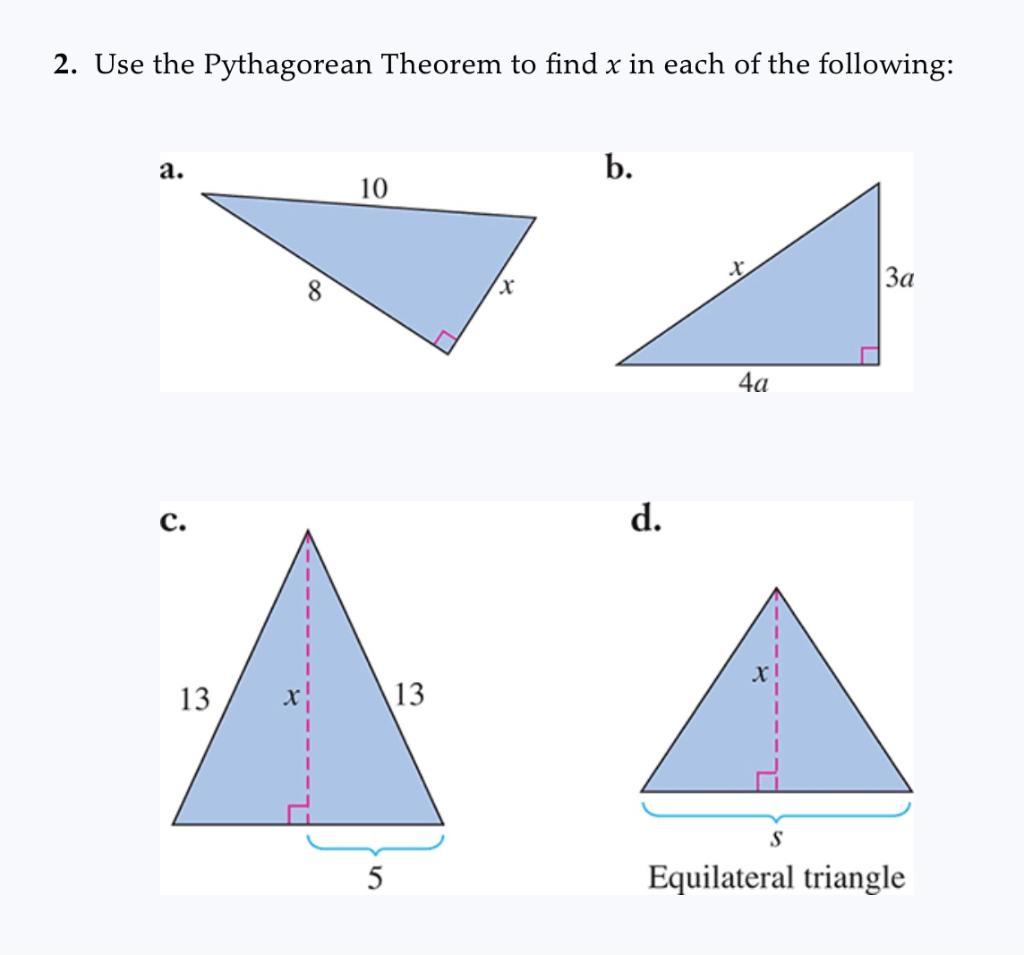 pythagorean theorem assignment calculate the measure of x in each