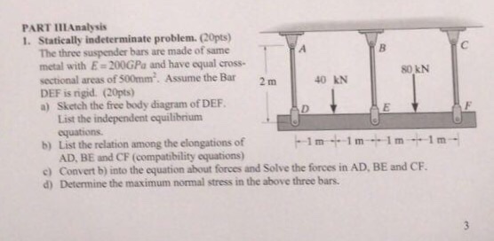 Solved PART IHIAnalysis 1. Statically indeterminate problem. | Chegg.com