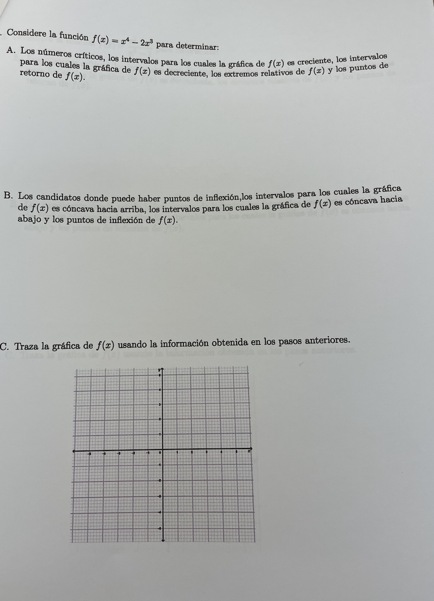 Considere la función f(3) = ** – 2x3 para determinar: A. Los números críticos, los intervalos para los cuales la gráfica de f