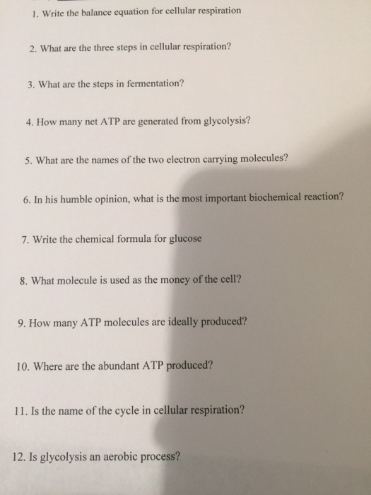 Solved Write the balance equation for cellular respiration | Chegg.com