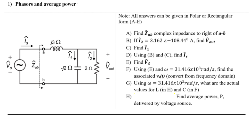 Solved 1 Phasors And Average Power Note All Answers Can Chegg Com