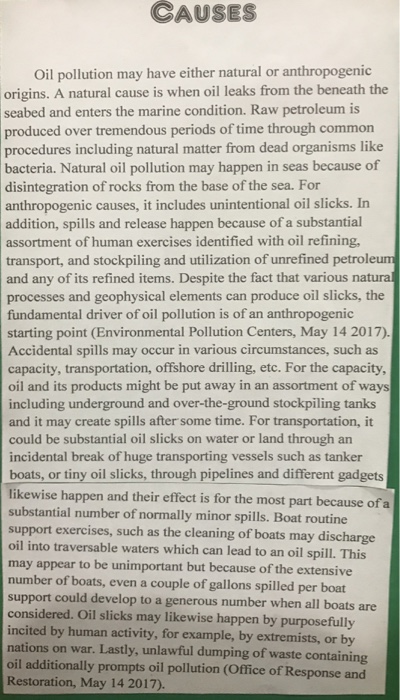 Solved CAUSESs Oil pollution may have either natural or | Chegg.com