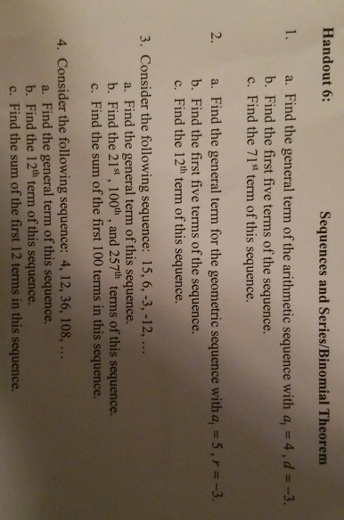 Solved Handout 6: Sequences and Series/Binomial Theorem a. | Chegg.com