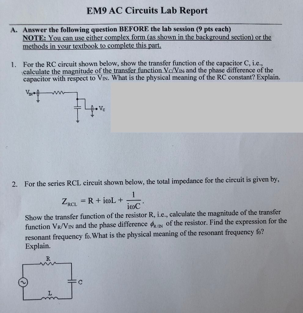 Solved 1. For the RC circuit shown below, show the transfer
