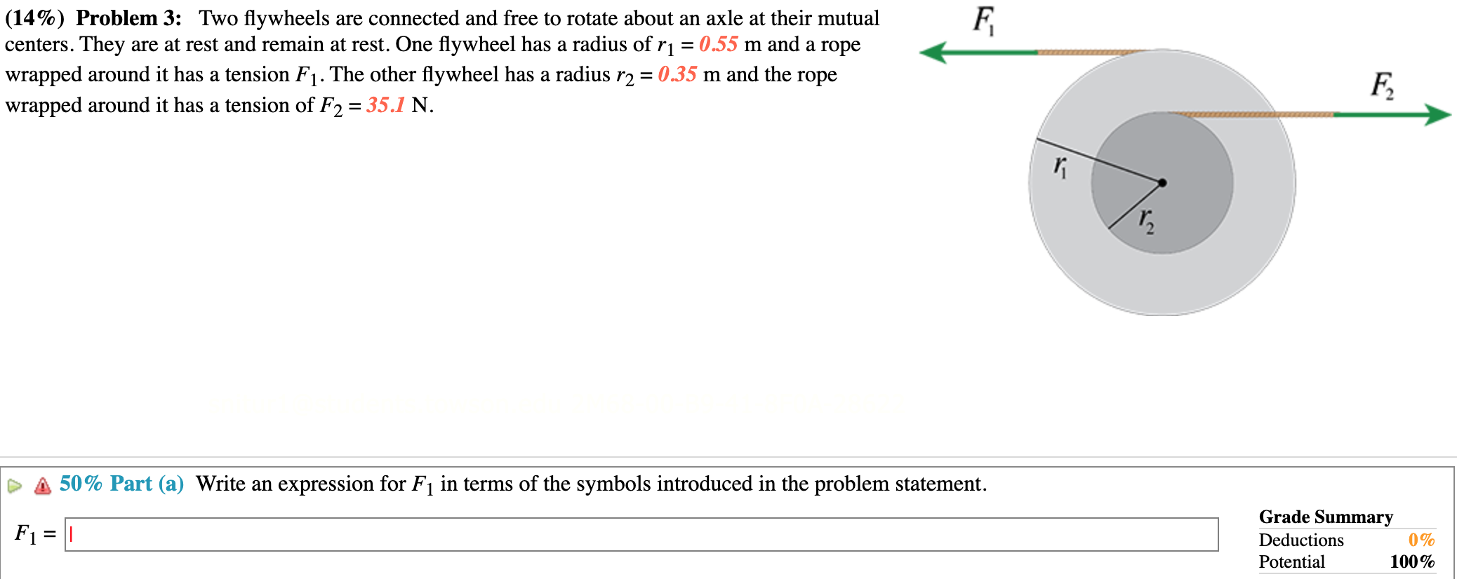 (14%) Problem 3: Two flywheels are connected and free to rotate about an axle at their mutual
centers. They are at rest and r