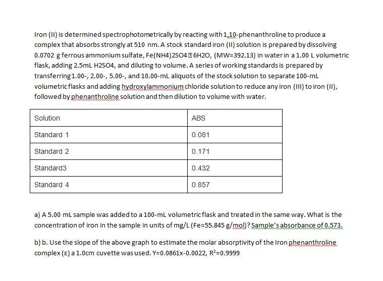 Solved Iron (II) Is Determined Spectrophotometrically By | Chegg.com