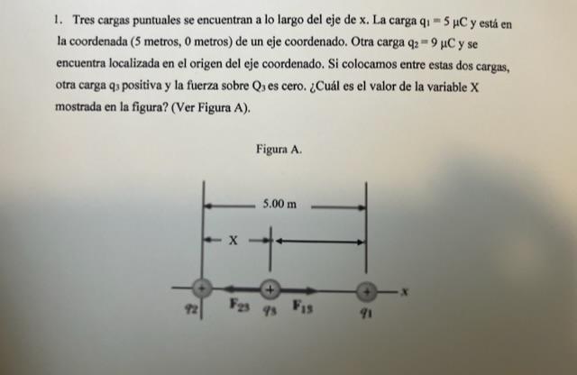 1. Tres cargas puntuales se encuentran a lo largo del eje de \( x \). La carga \( q_{1}=5 \mu \mathrm{C} \) está en la coorde