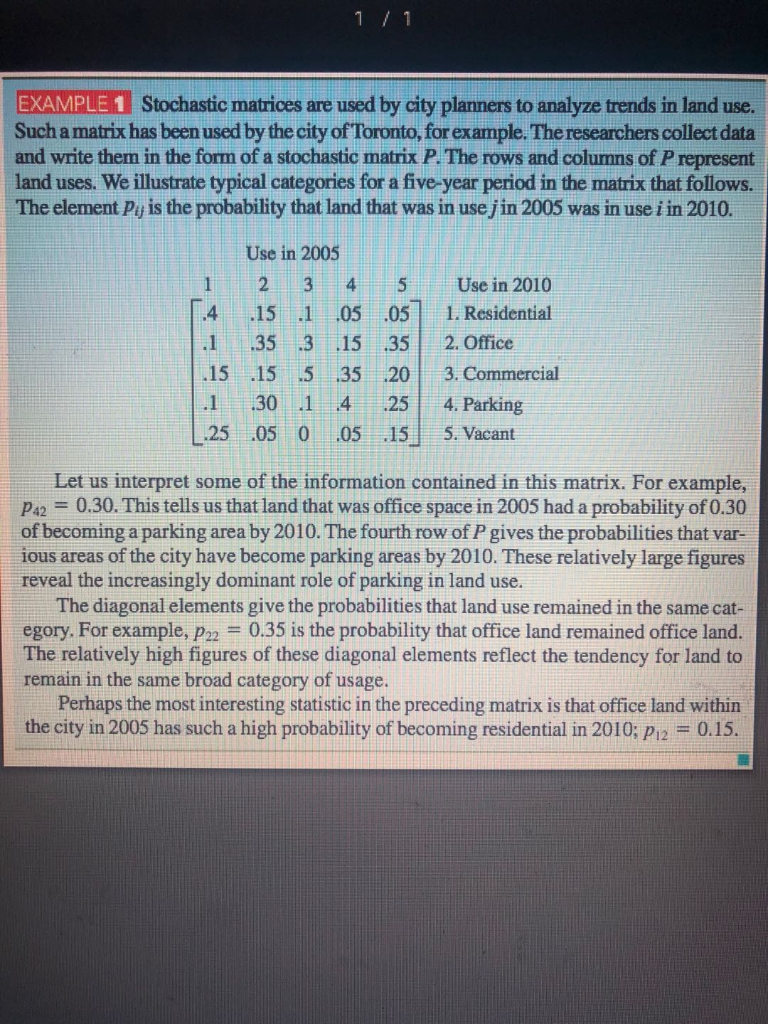 Solved Use the stochastic matrix of this example to answer | Chegg.com