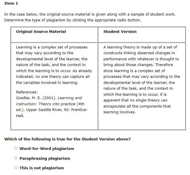 In the case below, the original source material is given along with a sample of student work. Determine the type of plagiaris