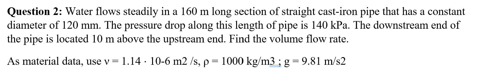 Solved Question 2: Water flows steadily in a 160 m long | Chegg.com