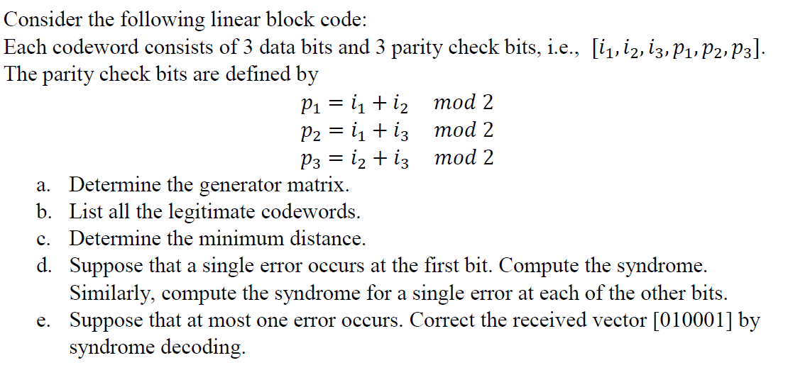 Solved Consider the following linear block code: Each | Chegg.com