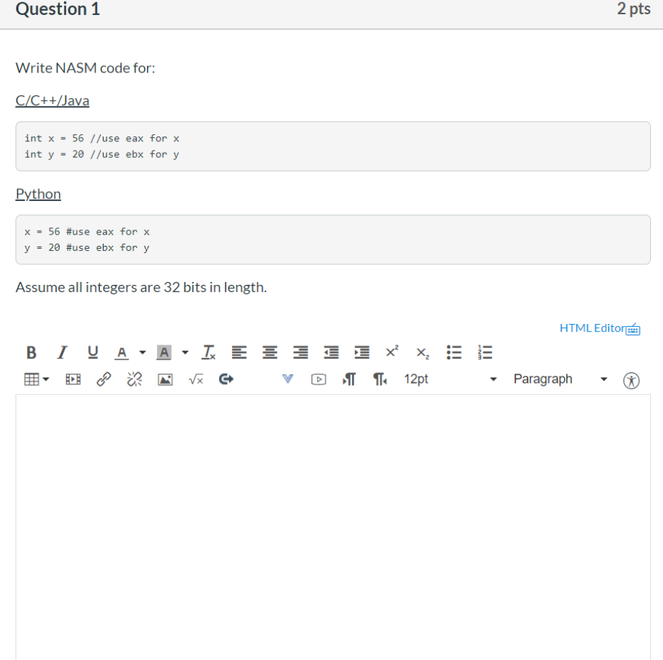 Nasm Code Example Question 1 2 pts Write NASM code for: C/C++/Java int | Chegg.com