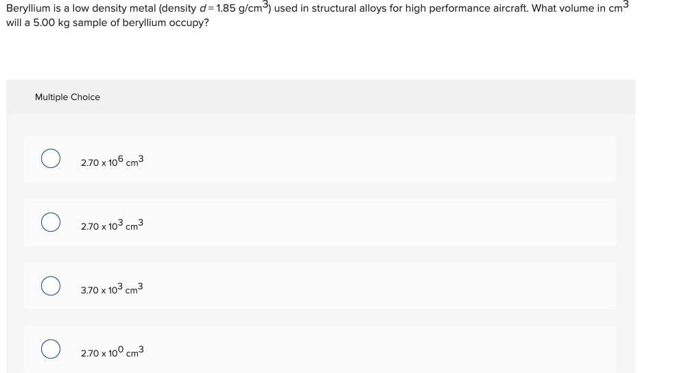 Solved Beryllium Is A Low Density Metal (density D = 1.85 | Chegg.com