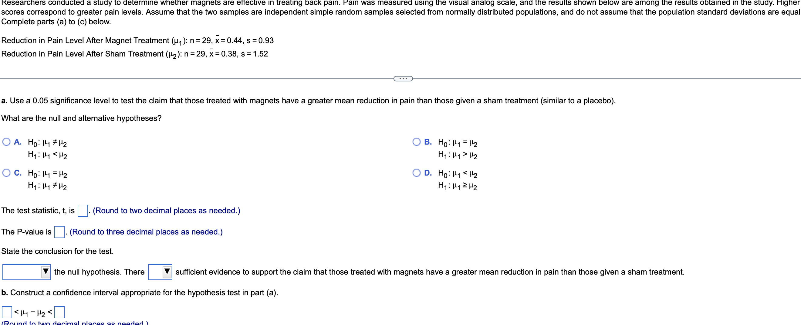 Solved Complete parts (a) to (c) below. Reduction in Pain | Chegg.com