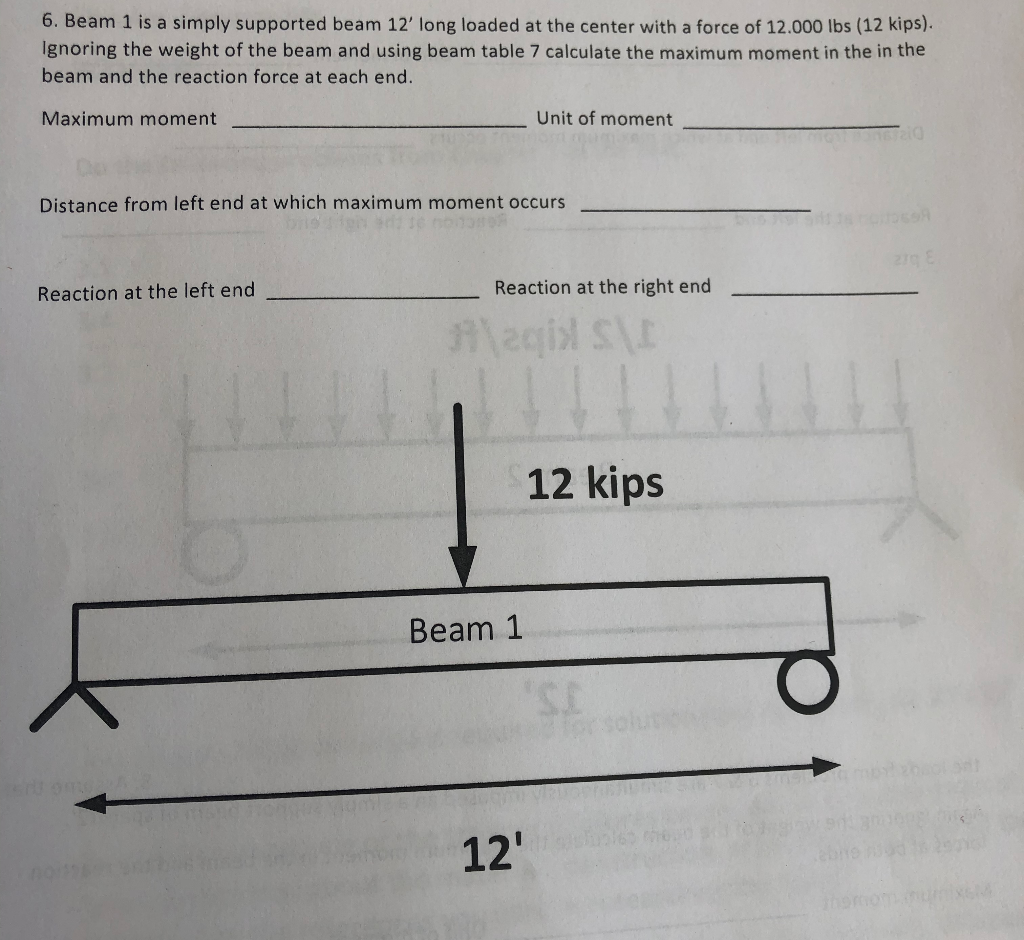 Solved 6. Beam 1 is a simply supported beam 12’ long loaded | Chegg.com