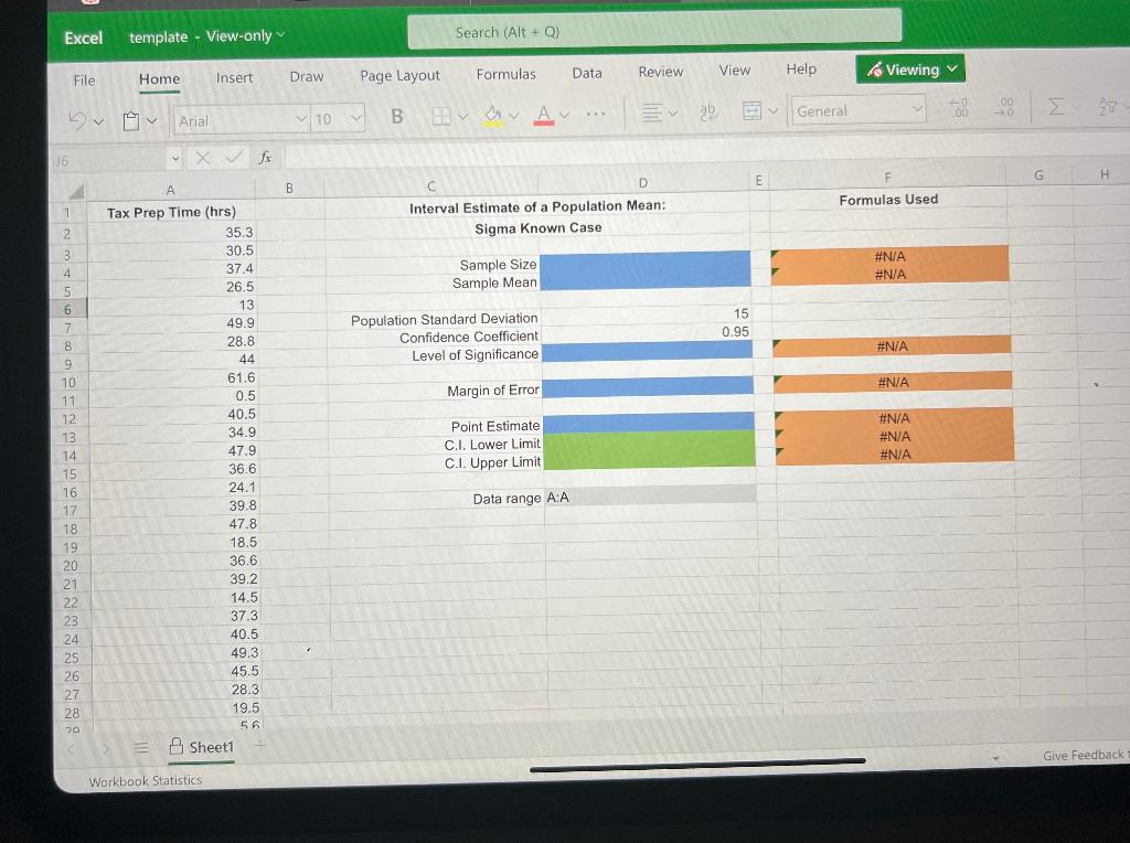 Solved Excel Activity 2 Confidence Interval for Mean, σ