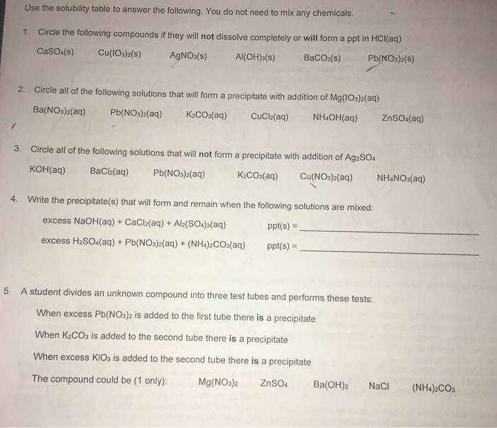 Solved Use the solubility table to answer the following. You | Chegg.com