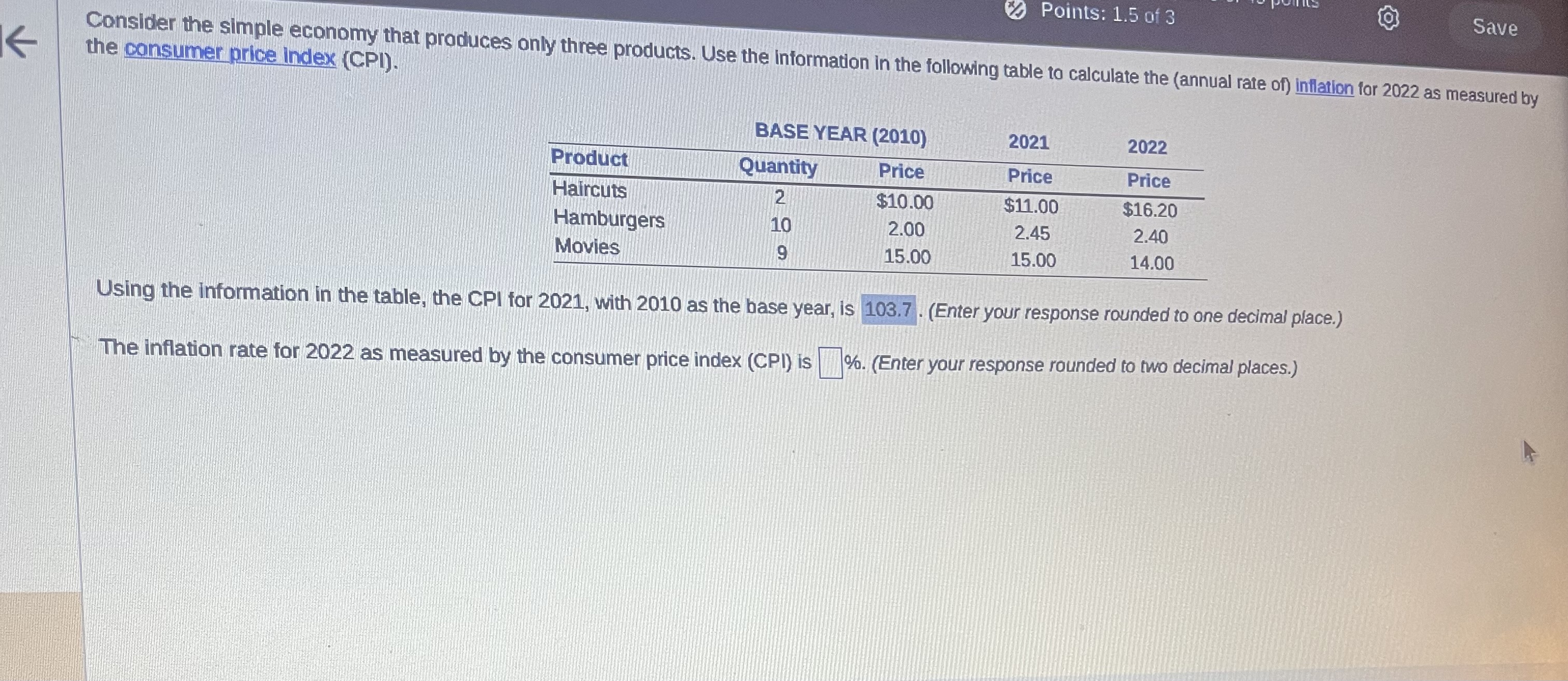 Solved The Consumer Price Index (CPI) Save | Chegg.com