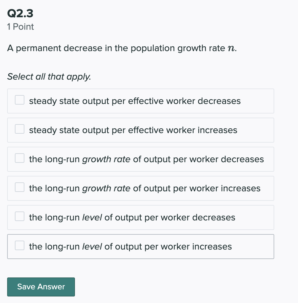 Solved Q2 5 Points Consider the Solow growth model with | Chegg.com