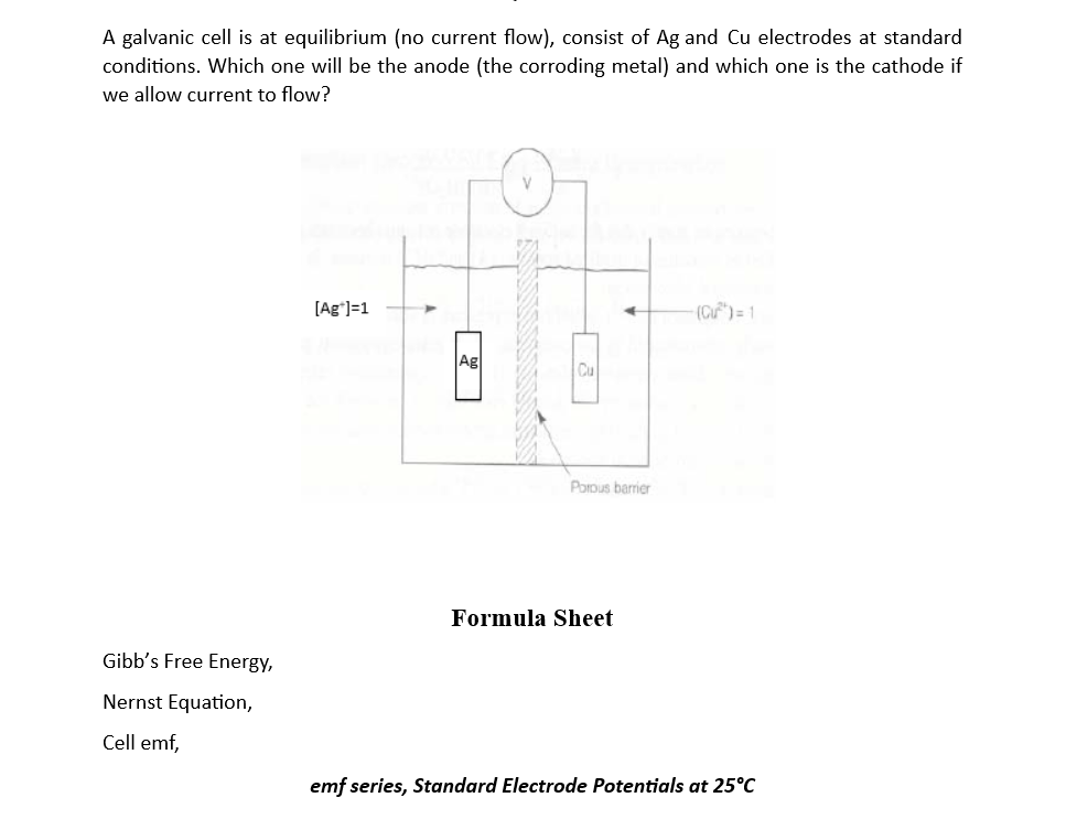 Solved A galvanic cell is at equilibrium (no current flow),