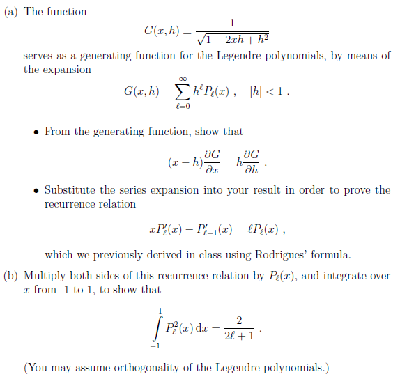 Legendre Generating Function Solved (a) The function serves as a generating function for | Chegg.com