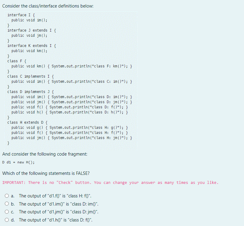 Solved Consider the class/interface definitions below: | Chegg.com