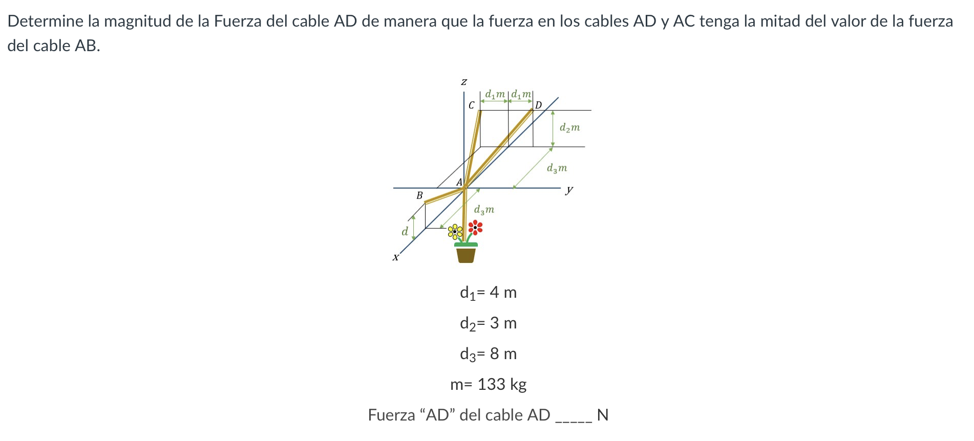 Determine la magnitud de la Fuerza del cable AD de manera que la fuerza en los cables AD y AC tenga la mitad del valor de la