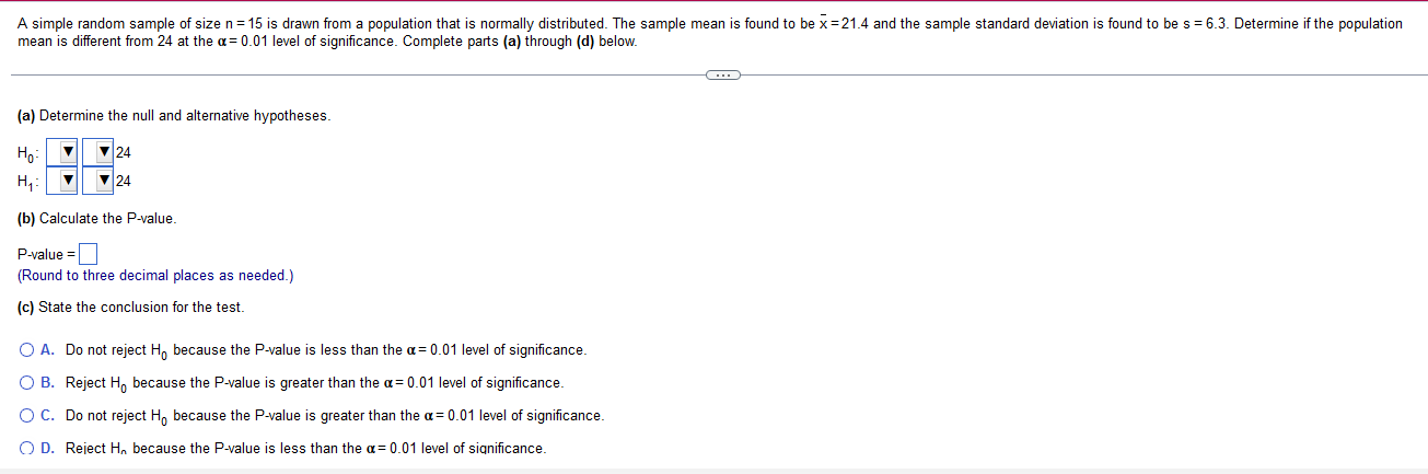Solved A simple random sample of size n = 15 is drawn from a | Chegg.com