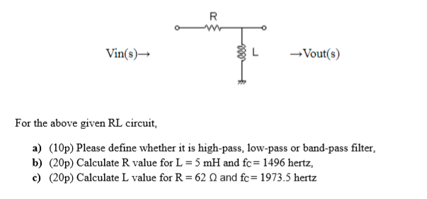 Solved R Vin(s) Vout(s) For the above given RL circuit, a) | Chegg.com