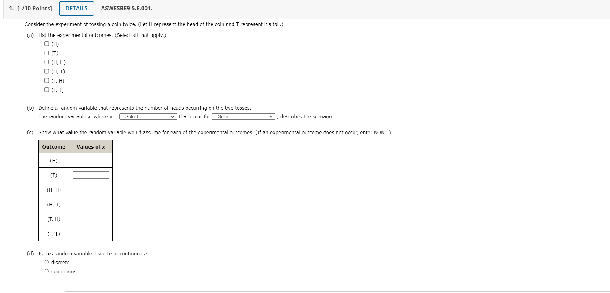 Solved Consider the experiment of tossing a coin twice. (Let