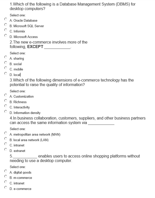 Solved 1. Which Of The Following Is A Database Management | Chegg.com