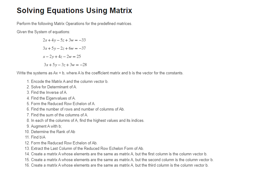 Solved Solving Equations Using Matrix Perform the following | Chegg.com
