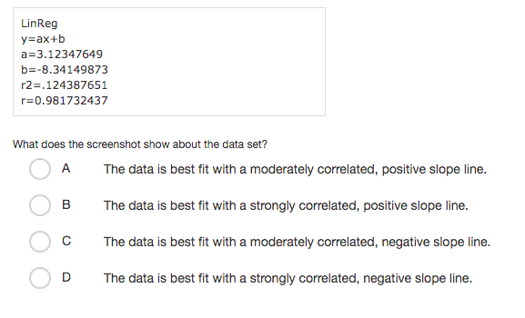 Solved LinReg y=ax+b a=3.12347649 b=-8.34149873 | Chegg.com