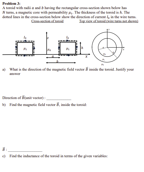 Solved Problem 3: A toroid with radii a and b having the | Chegg.com