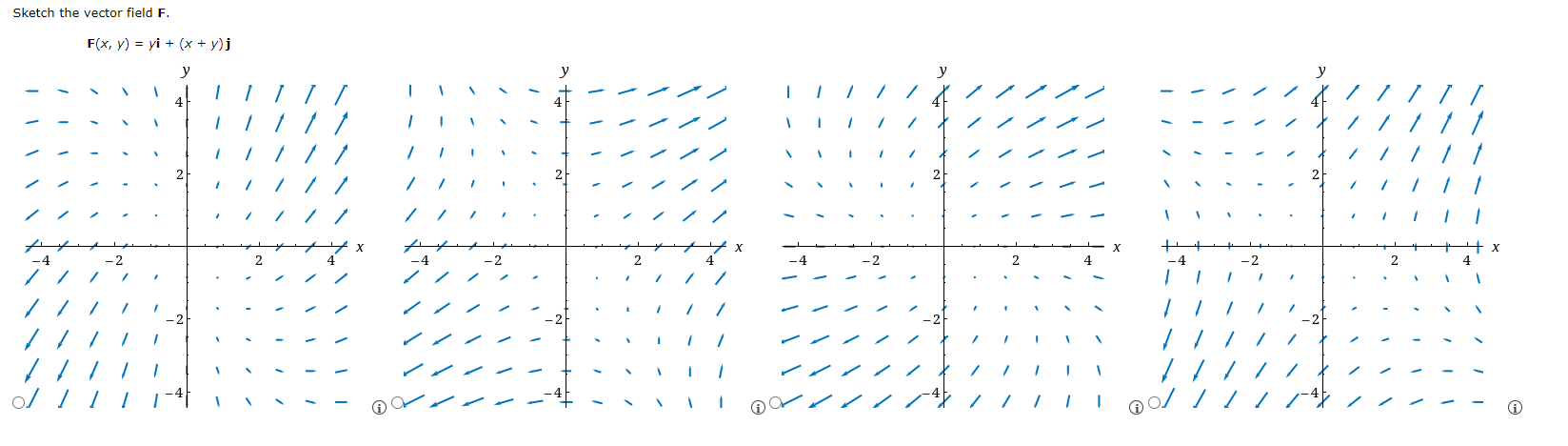 Sketch the vector field \( \mathbf{F} \). \[ \mathbf{F}(x, y)=y \mathbf{i}+(x+y) \mathbf{j} \]