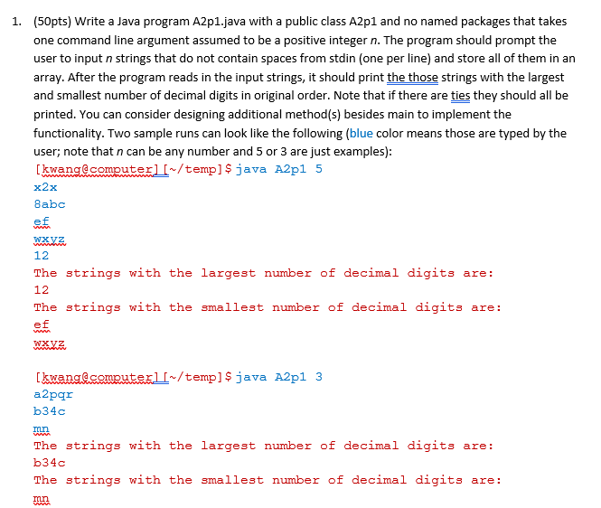 Solved 1. (50pts) Write a Java program A2p1.java with a | Chegg.com