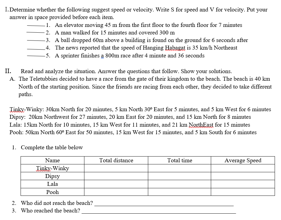 Determining Speed and Velocity Problems with Answer Key