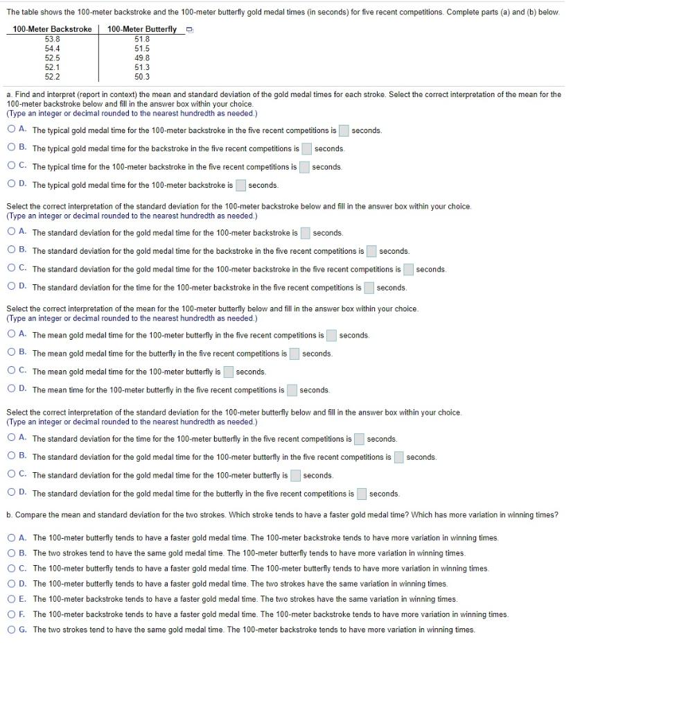 Solved 51.3 The table shows the 100-meter backstroke and the | Chegg.com