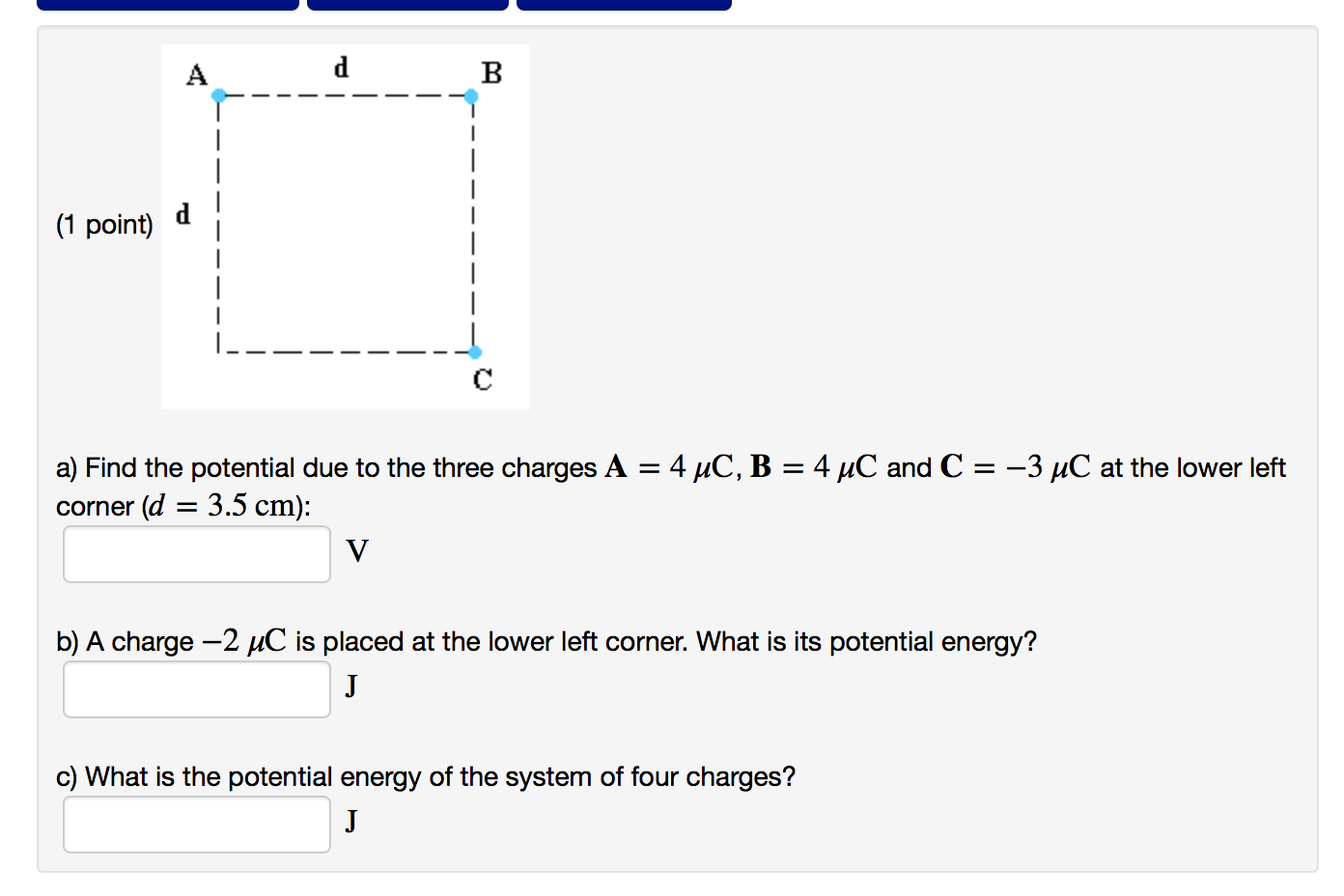 Solved d B (1 point) a) Find the potential due to the three | Chegg.com