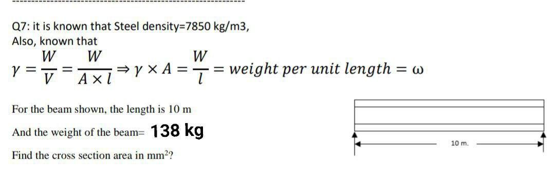 Solved Q7: it is known that Steel density=7850 kg/m3, Also, | Chegg.com