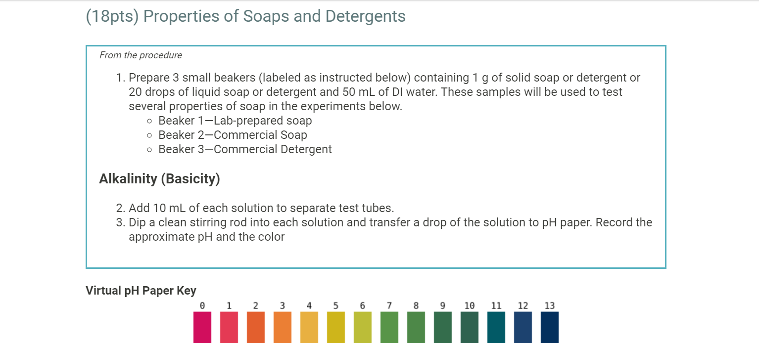 (18pts) Properties of Soaps and Detergents
From the procedure
1. Prepare 3 small beakers (labeled as instructed below) contai